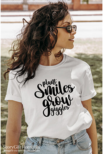 StoryGift Romania Women's T-shirt with message in English "Plant smiles, grow giggles" - plant smiles, WHT_L
