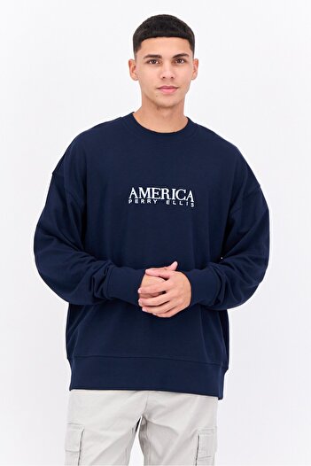 Perry Ellis Men Crew Neck Embroidered Long Sleeves Sweatshirt, Dark Navy