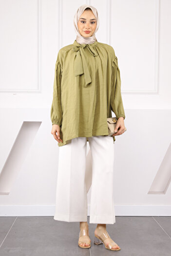 İmajButik Khaki Collar Detailed Balloon Sleeve Tunic