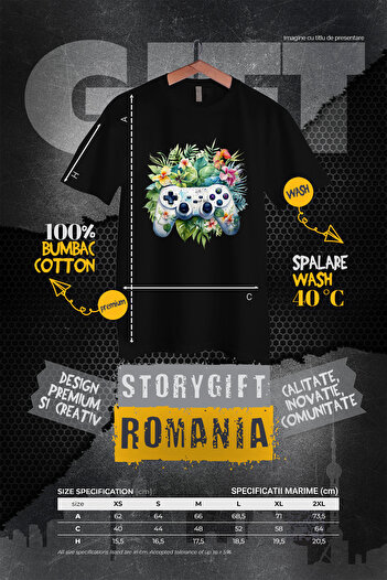 StoryGift Romania Tricou Femei cu un controller vechi, ilustratie, stil retro, vechi, flori, plant BLK_M