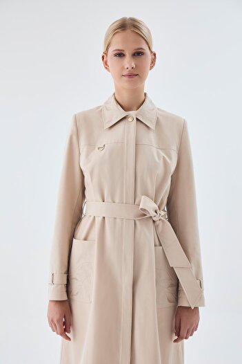 Zühre Belted Stone Overcoat with Collar and Pocket Pattern Detail 13780