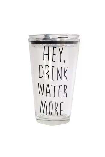 PUFO Drink Water transparent glass coffee mug with lid, 450 ml