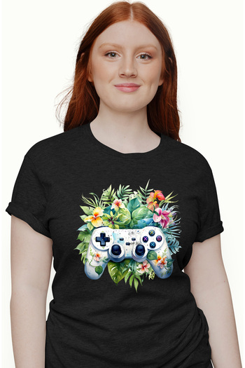 StoryGift Romania Tricou Femei cu un controller vechi, ilustratie, stil retro, vechi, flori, plant BLK_M