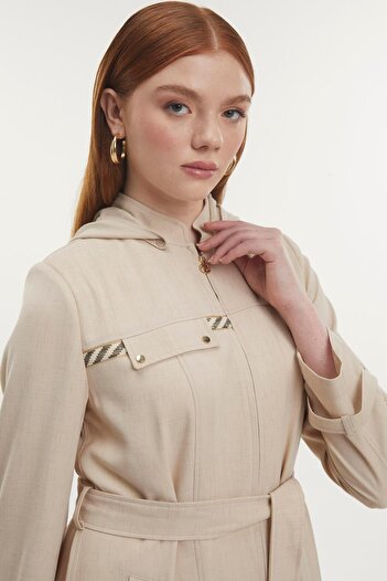 Zühre Hooded Belted Beige Overcoat 13796