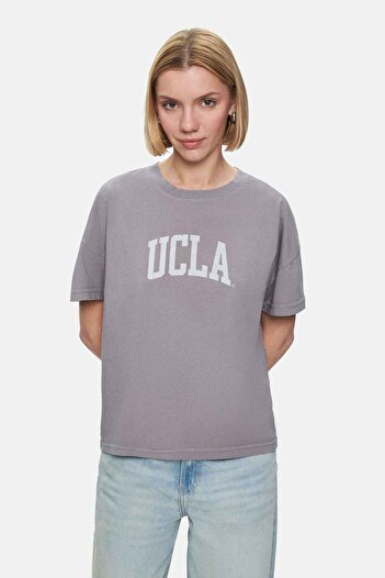 UCLA Everlee Dark Gray Crew Neck Stone Wash Printed Loose Fit Women's Tshirt