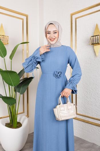 Moda Ebva Kol Büzgülü Gül Detaylı Elbise-5030 Bebe mavisi