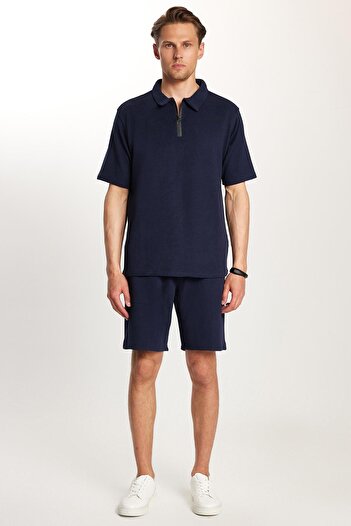 Tudors Men's Standard Fit Cotton Zippered Polo Neck T-Shirt with Lace-Up Waist Navy Blue Shorts Set