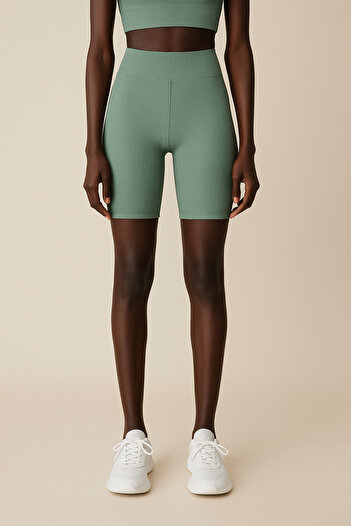 HNX Women's High Waist Tight Ripped Ribbed Short Sports Leggings |   Oil Green