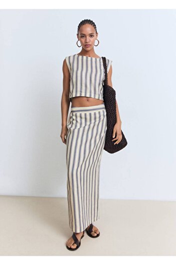 MANGO Woman Striped Linen Skirt