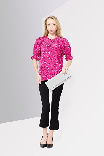 Karl Lagerfeld Women Band Collar Short Sleeve Allover Print Top, Multicolour