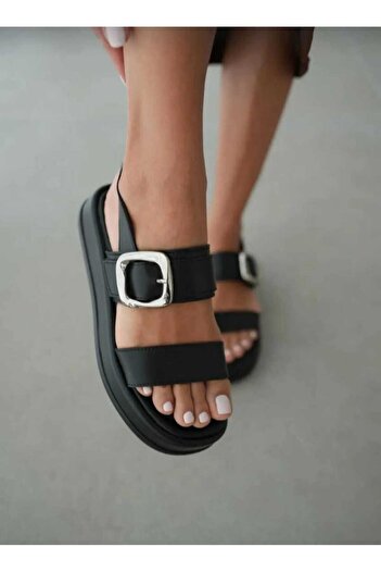 SELİN SOYLU Roman Black Thick Sole Rubber Detailed Buckle Wrap Sandals