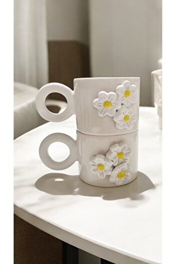 seda seramik Handmade Set of 2 Ceramic Splash Embossed Double Espresso Coffee Mug Cup Mug 200 ml