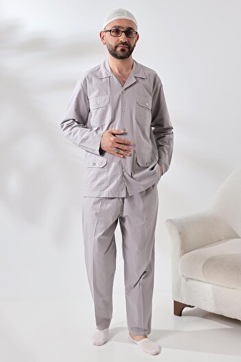 semazen Men's Linen 4-Pocket Double Safari Suit Hajj Umrah Clothing Gray