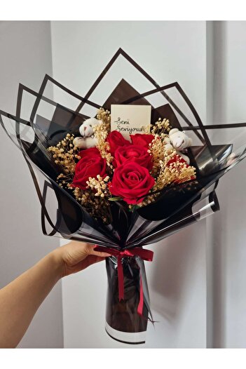 Destina Tasarım Gift for Lover Artificial Flower Bouquet Teddy Bear Bouquet