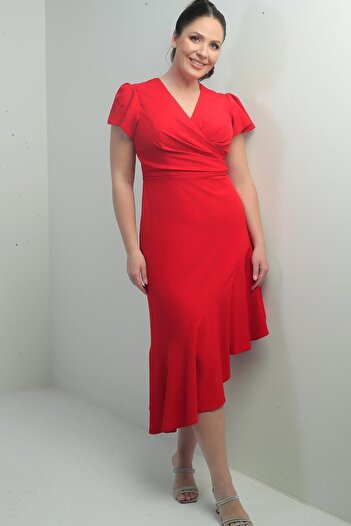 By Saygı Women's Double Breasted Lapel Front Draped Lined Skirt Flounces Large Size Crepe Dress