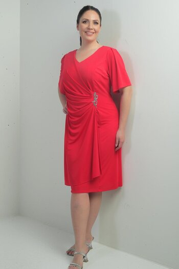 By Saygı Women's V-Neck Front Gathered Stone Detailed Lined Large Size Lycra Dress