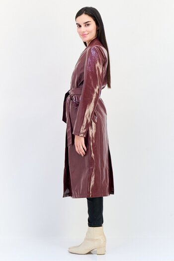PİMKİE Women Solid Leather Trench Coat, Burgundy