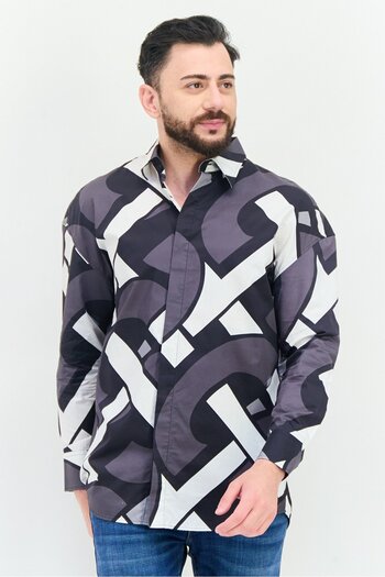 Selected Homme Men Oversize Fit Abstract Print Long Sleeves Casual Shirt, Multicolor