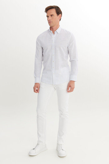 AC&Co / Altınyıldız Classics Men's Blue 100% Cotton Slim Fit Button-Down Collar Dobby Shirt