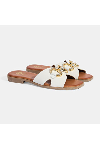 Desa Women's White Stone Buckle Accessory Leather Slippers