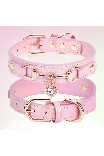 Choice M pink CP567--beautiful PU pet cat&dog collar decorated with sparkling love，adjustable and durable.