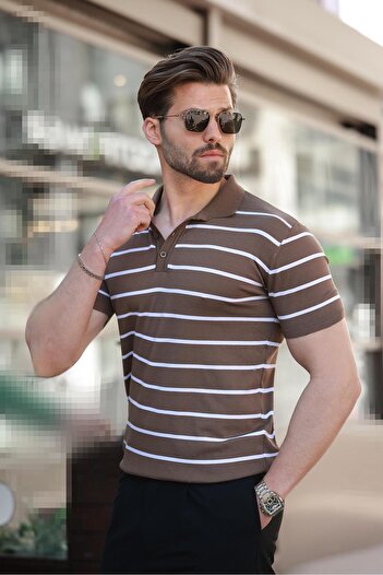 Madmext Mink Striped Polo Neck Men's T-Shirt E7405