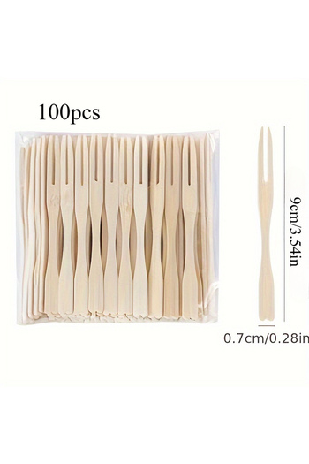 Choice 100pcs 100 Pcs Bamboo Mini Cakes, Pastries, Forks, Desserts, Two-tooth Forks, Disposable Double Pron