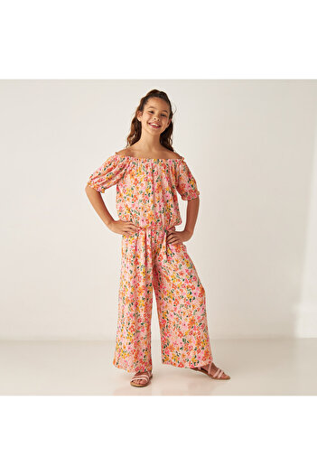 Juniors All-Over Floral Print Off Shoulder Top and Pants Set