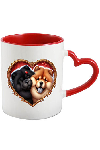 StoryGift Romania Cana Cu O Catelusa Si Un Caine Chow Chow | Ilustratie | Cadru In Forma De Inima , Cu Maner Inim Stg
