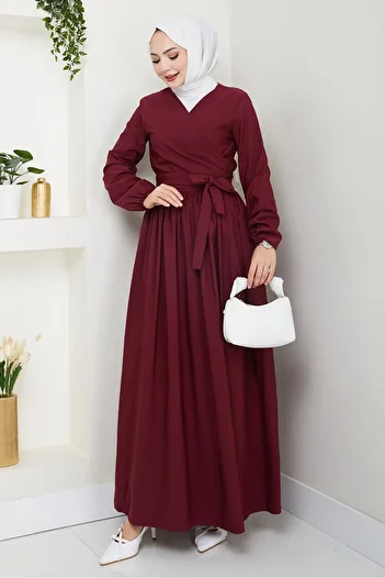 Bestenur Tie-Up Blouse Skirt Double Set 1465 - Claret Red