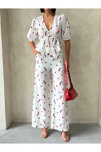Miss Allos Women's Floral Patterned Linen Trousers with Tie Front