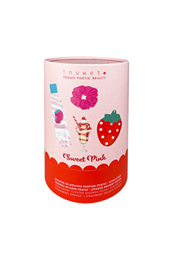 Inuwet Strawberry scented bubble bath set, scrunchy, sponge and strawberry, Sweet Pink, Inuwet, 4 items