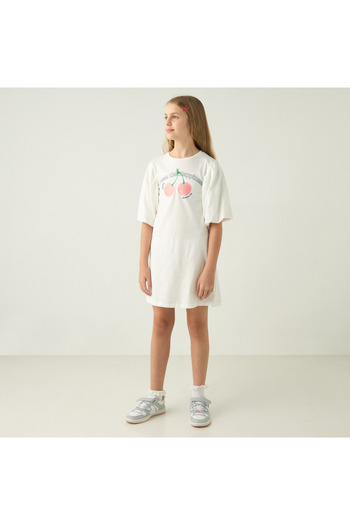 Juniors Slogan Print Round Neck Dress With Balloon Sleeves