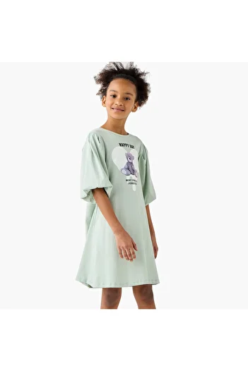 Juniors Graphic Print A-Line Dress With Three Quarter Sleeves