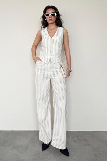 Madmext Ecru Striped Linen Trousers Vest Women's Suit Mg2444