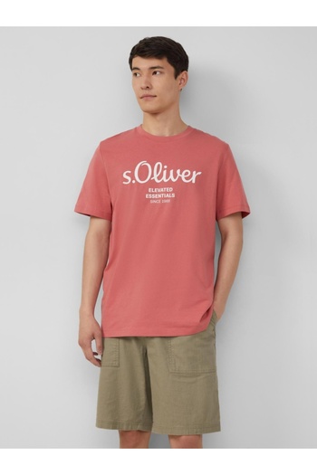s.Oliver Men's T-shirt with logo print and scoop neck, Regular fit, Dusty pink, S