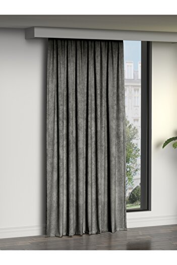 FAVOLLİ Gray Island Background Curtain - Extrafor Drawstring Velvet Textured Dream Series