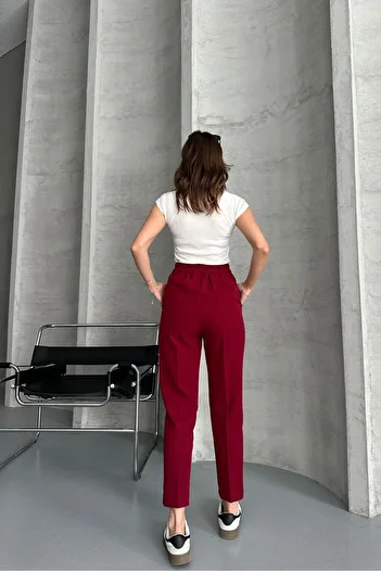 macharel jeans Burgundy Women's Trousers - Tight Legs, Pleated Velcro Closure, Seasonal Fabric