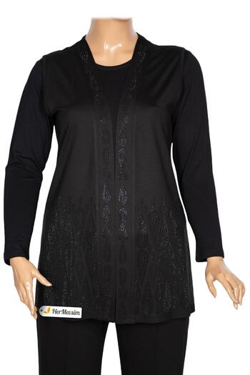 Hermevsim Hesna Women's Seren Large Size Stone Detailed Combed Cotton Black Vest