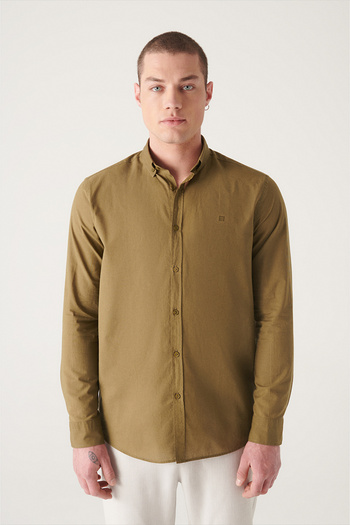 Avva Men's Khaki 100% Cotton Thin Soft Button Collar Shirt E 002206