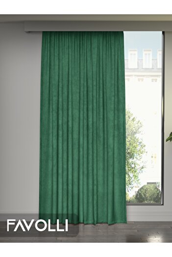 FAVOLLİ Velvet Textured Emerald Color Island Background Curtain Extrafor Gathered Dream Series