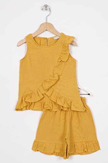 zepkids Zero Sleeve Front and Hem Ruffle Detailed Mustard Color Girls Shorts Suit