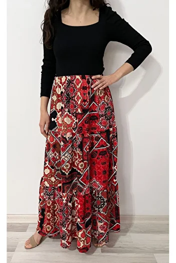 520CK Women's Ethnic Patterned Ruffled Long Skirt - Hijab Skirt