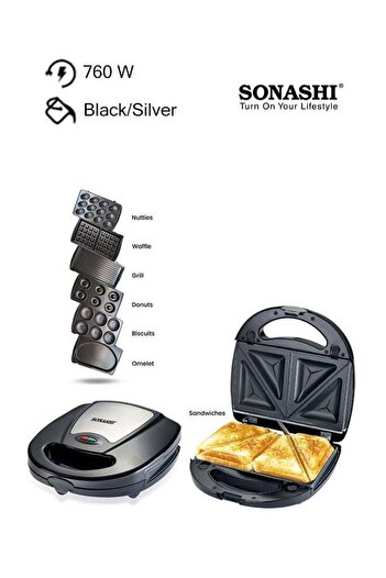 sonashi 7-In-1 Non-Stick Multi Snacks Maker with Sandwich/Panini-Grill-Waffle-Donut-Nutty-Biscuit-Omelette D