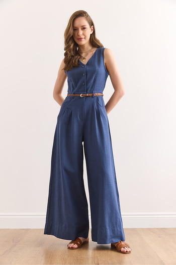 Olalook Salopetă de damă cu buzunare cu nasturi indigo, curea, picioare largi TLM-19000157