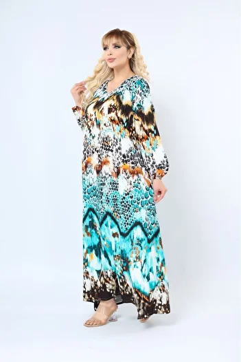mervemoda Women's Plus Size Printed Summer Woven Long Sleeve Long Length Dress