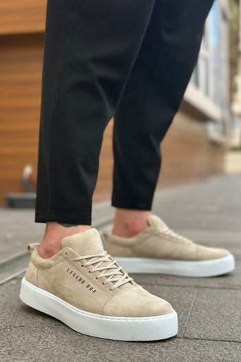 BOUIS Men's Beige White Suede Daily Lace-Up Orthopedic Flexible Comfortable Thick Sole Classic Sports Shoes Sneaker