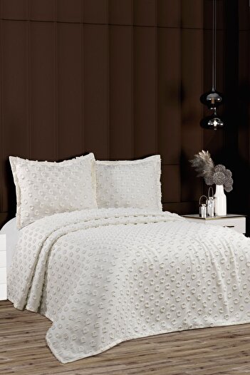 CANDAN ÇEYİZ Delux Double Bedspread with Pompom 240X 250 2 Pillows - Ecru -
