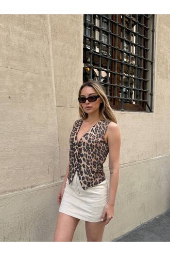 Zey Studio Brown V-Neck Leopard Print Women's Vest
