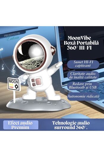 e-Wantay Moonvibe Portable Speaker, Bluetooth 5.0, 360° Sound, Microphone, Usb-c, 1200mah, Astronaut Design